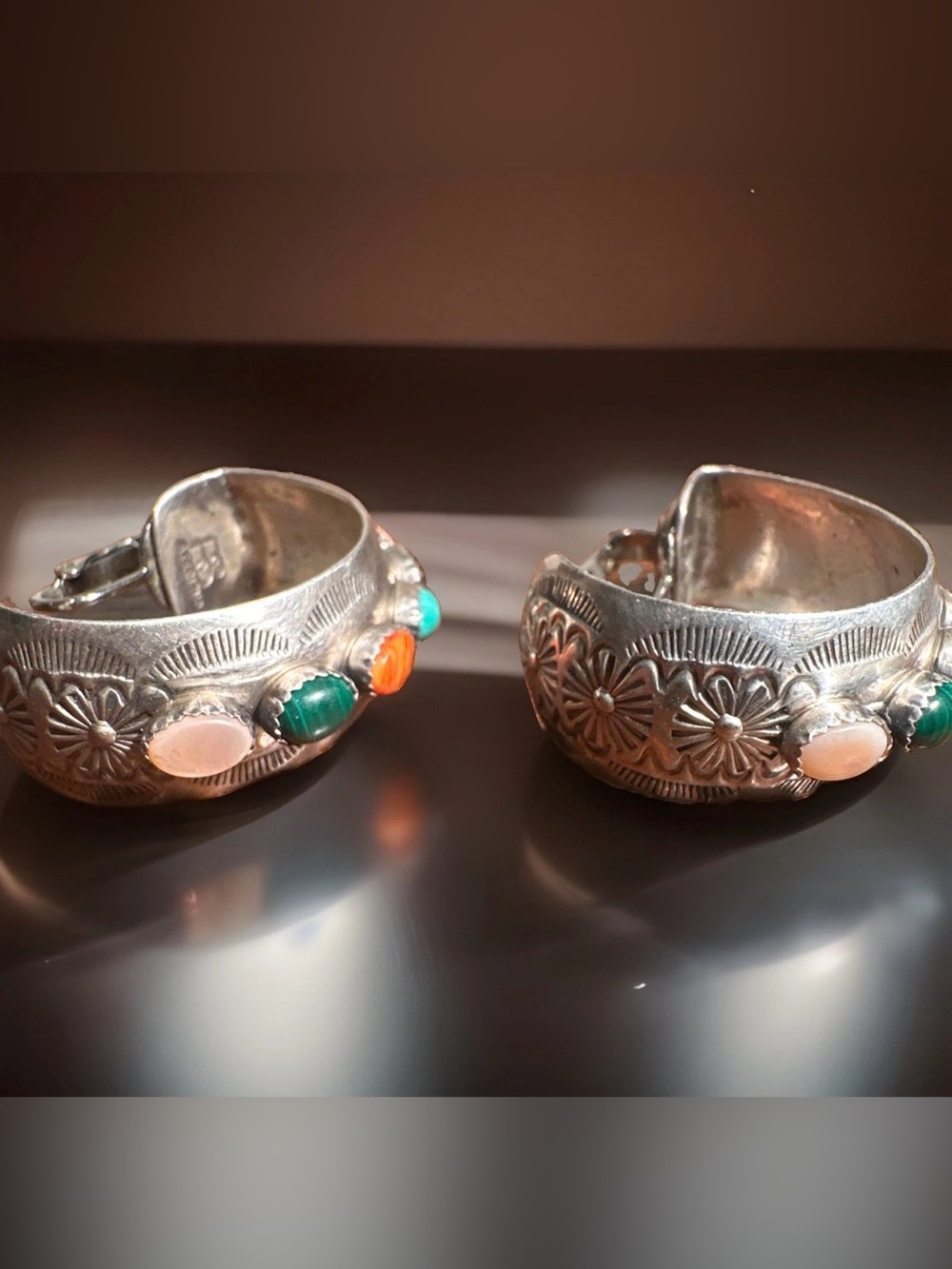 Ben Shiley Navajo Artist Sterling Silver Gemstone Hoop Clip On Earrings